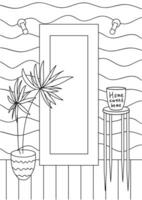 Hallway vector coloring page. Vector interior hallway coloring. Cute and cozy corridor room with mirror, houseplant, coffee table lamps.