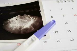 Pregnancy test with ultrasound scan photo of fetus, maternity, childbirth, birth control.