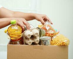 Foodstuffs in donation box for volunteer to help people. photo