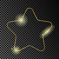 Gold glowing rounded star shape frame isolated on dark background. Shiny frame with glowing effects. Vector illustration.