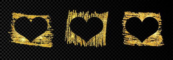 Set of three hearts on golden glittering scribble paint on dark background. Background with gold sparkles and glitter effect. Empty space for your text. Vector illustration