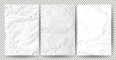 Set of white clean crumpled papers on transparent background. Crumpled empty sheets of paper with shadow for posters and banners. Vector illustration