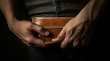 AI generated Men's hand holding leather wallet. Created with Generative AI photo