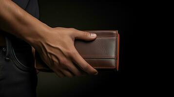 AI generated Men's hand holding leather wallet. Created with Generative AI photo