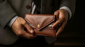 AI generated Men's hand holding leather wallet. Created with Generative AI photo