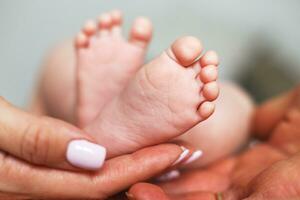 Parents holding newborn baby feet close up on white background photo