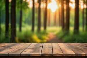 ai generado vacío de madera mesa con borroso pino arboles bosque y Dom ligero eje bokeh antecedentes a amanecer o oscuridad ai generado foto