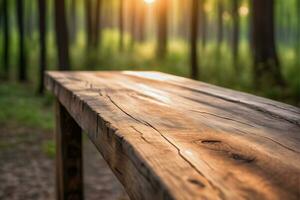 ai generado vacío de madera mesa con borroso pino arboles bosque y Dom ligero eje bokeh antecedentes a amanecer o oscuridad ai generado foto