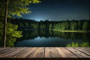 AI generated Empty Wooden Table with Lake and Forest Background at Night AI Generated photo