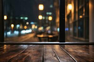 ai generado vacío de madera mesa en frente de ventana con bokeh calle luces y borroso ver antecedentes ai generado foto