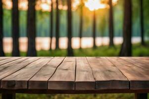 ai generado vacío de madera mesa con borroso pino arboles bosque y Dom ligero eje bokeh antecedentes a amanecer o oscuridad ai generado foto