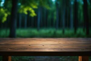 ai generado vacío de madera mesa con borroso pino arboles bosque y lámpara bokeh antecedentes a noche ai generado foto