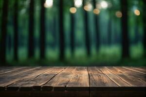 ai generado vacío de madera mesa con borroso pino arboles bosque y lámpara bokeh antecedentes a noche ai generado foto