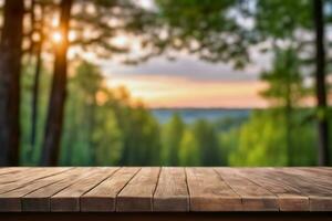 ai generado vacío de madera mesa con borroso pino arboles bosque y Dom ligero eje bokeh antecedentes a amanecer o oscuridad ai generado foto
