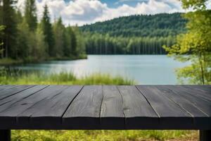 ai generado vacío negro de madera mesa con borroso lago y bosque antecedentes ai generado foto