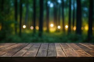 ai generado vacío de madera mesa con borroso pino arboles bosque y lámpara bokeh antecedentes a noche ai generado foto
