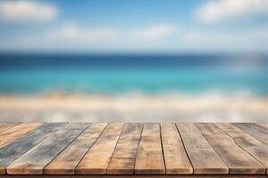 AI generated Empty Wooden Table with Blurred Sea Scape Ocean Background AI Generated photo