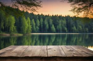 AI generated Empty Wooden Table with Lake and Forest Background at Dawn or Dusk AI Generated photo