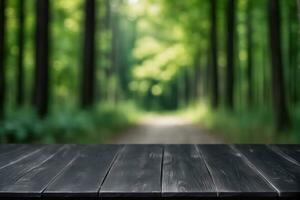 AI generated Empty Black Wooden Table with Blurred Pine Trees Forest Background AI Generated photo