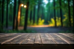 ai generado vacío de madera mesa con borroso pino arboles bosque y lámpara bokeh antecedentes a noche ai generado foto