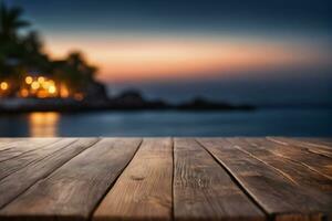 AI generated Empty Wooden Table with Blurred Ocean and Island Background at Dawn or Dusk AI Generated photo