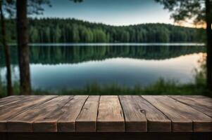AI generated Empty Wooden Table with Lake and Forest Background at Dawn or Dusk AI Generated photo