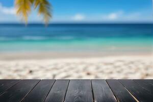 AI generated Empty Black Wooden Table with Blurred Beach Background AI Generated photo