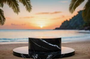 AI generated Empty Black Marble Minimalist Modern Rounded Podium with Blurred Sea Ocean and Island Background at Dawn or Dusk AI Generated photo