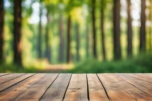 ai generado vacío de madera mesa con borroso pino arboles bosque y Dom ligero eje bokeh antecedentes ai generado foto