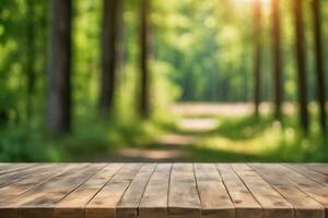 ai generado vacío de madera mesa con borroso pino arboles bosque y Dom ligero eje bokeh antecedentes ai generado foto
