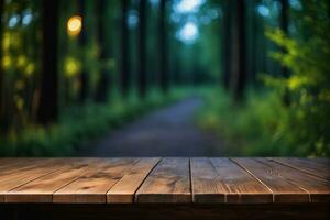ai generado vacío de madera mesa con borroso pino arboles bosque y lámpara bokeh antecedentes a noche ai generado foto