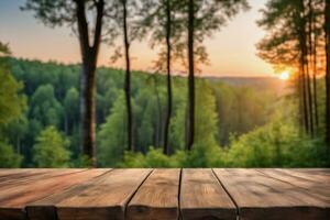 ai generado vacío de madera mesa con borroso pino arboles bosque y Dom ligero eje bokeh antecedentes a amanecer o oscuridad ai generado foto
