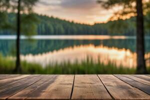 AI generated Empty Wooden Table with Lake and Forest Background at Dawn or Dusk AI Generated photo