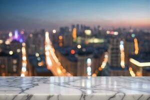 AI generated Empty White Marble Table with Blurred City Skyscraper Scape View Landscape Background at Night AI Generated photo