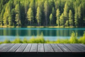 AI generated Empty Black Wooden Table with Blurred Lake and Forest Background AI Generated photo