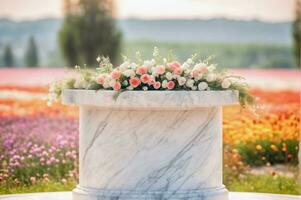 ai generado blanco mármol minimalista moderno redondeado podio con flores y floral antecedentes ai generado foto
