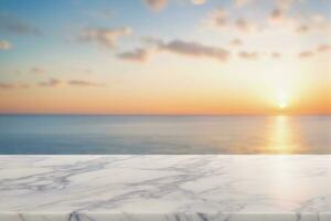 AI generated Empty White Marble Table with Blurred Blue Sea Ocean Background at Dawn or Dusk AI Generated photo