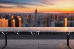 AI generated Empty Black Marble Table with Blurred City Skyscraper Scape View Landscape Background at Dawn or Dusk AI Generated photo