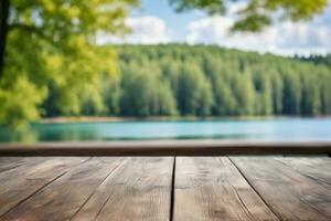 ai generado vacío de madera mesa con lago y bosque antecedentes ai generado foto