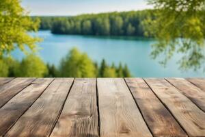 ai generado vacío de madera mesa con lago y bosque antecedentes ai generado foto