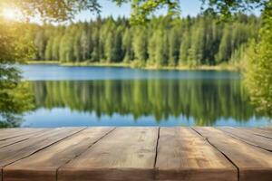 ai generado vacío de madera mesa con lago y bosque antecedentes ai generado foto