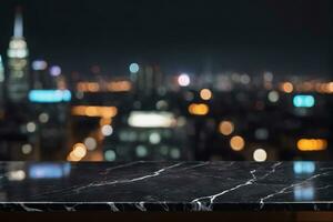 AI generated Empty Black Marble Table with Blurred City Skyscraper Scape View Landscape Background at Night AI Generated photo
