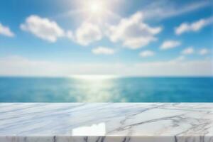 AI generated Empty White Marble Table with Blurred Blue Sea Ocean Background AI Generated photo