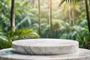AI generated Empty White Marble Minimalist Modern Rounded Podium with Blurred Tropical Forest Jungle Background AI Generated photo