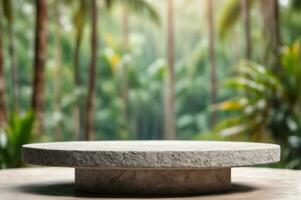 AI generated Empty Stone or Rock Rounded Podium with Blurred Tropical Forest Jungle Background AI Generated photo