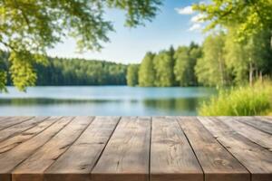 ai generado vacío de madera mesa con lago y bosque antecedentes ai generado foto
