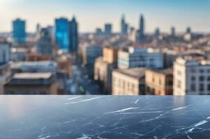 AI generated Empty Black Marble Table with Blurred City Skyscraper Scape View Landscape Background AI Generated photo