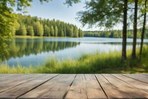ai generado vacío de madera mesa con lago y bosque antecedentes ai generado foto