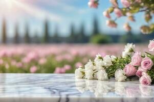 AI generated White Marble Table with Flowers and Blurred Floral Background AI Generated photo