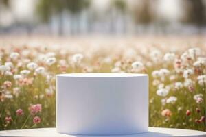 AI generated Empty White Minimalist Modern Rounded Podium with Blurred Floral Flower Field Background AI Generated photo